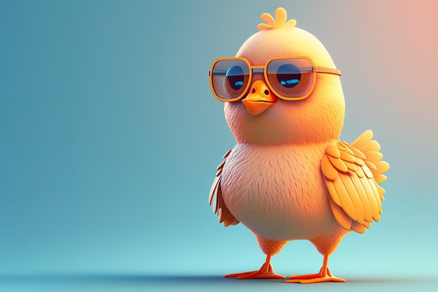 Funny childish bird wearing sunglasses on a color background Generative AI