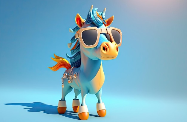 Funny childish orange horse wearing sunglasses on blue background Generative AI