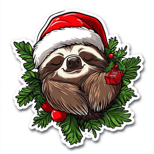 Photo funny christmas sloth vector sticker and illustration