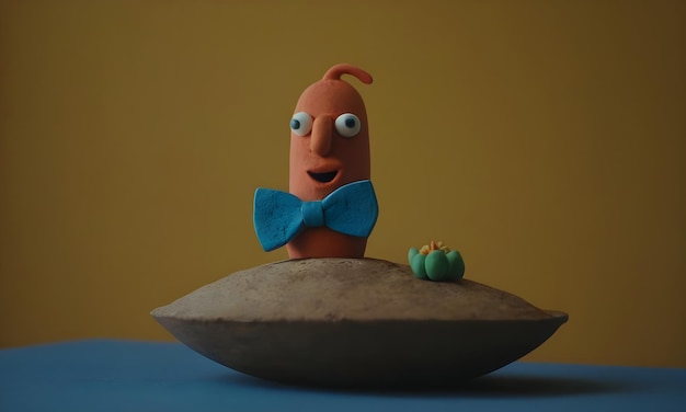 Photo funny clay sausage character wearing a bow tie standing on a stone