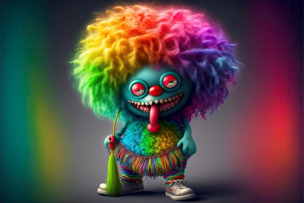 Funny clown monster with rainbow wig in hands cute funny monster generative ai