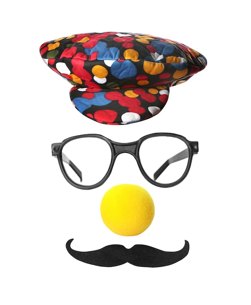 Funny clown39s face made of hat eyeglasses foam nose and mustache on white background