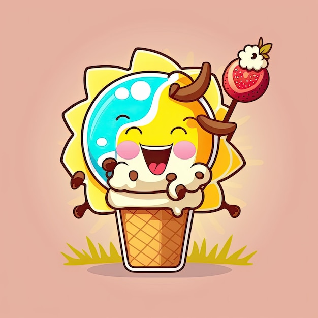 Funny colorful ice cream laughing childish character on a orange backgorund Generative AI