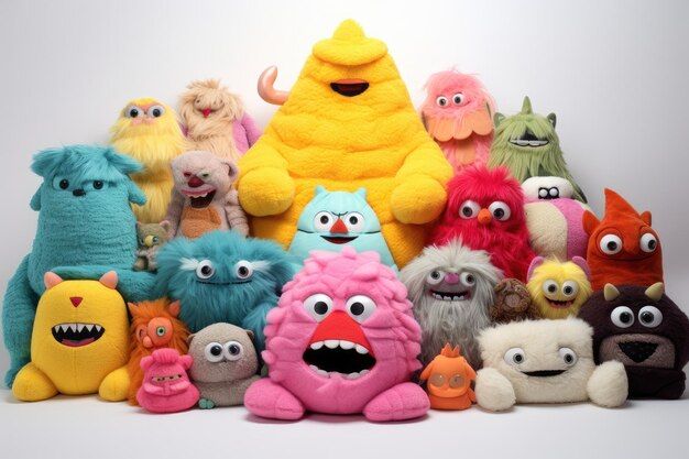 Funny colorful monsters made of plasticine on a white background Assortment of colorful stuffed plush toys AI Generated