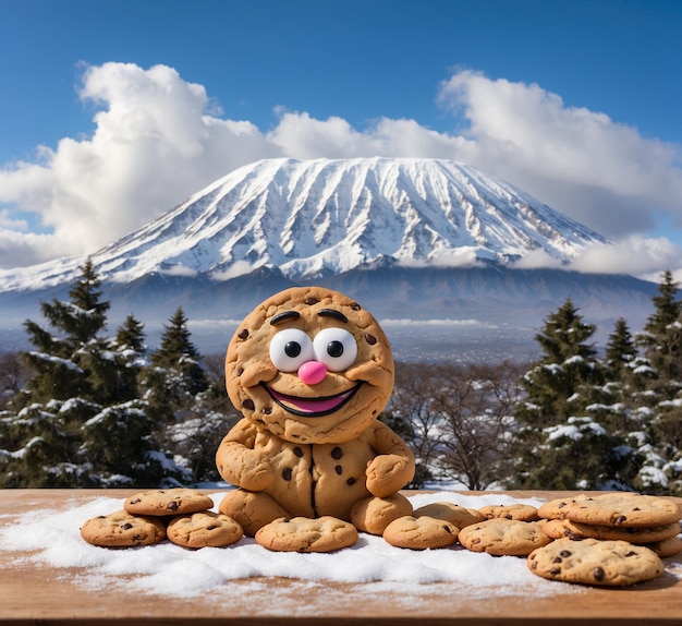 Funny cookie mascot character in the form of a snowman on a background of Mount Fuji