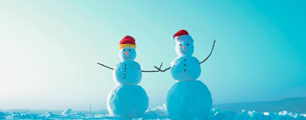 Photo funny couple of two snowman holding hands outdoors snowman on the snow outdoor background christmas banner with snowman new year greeting card with with snowman