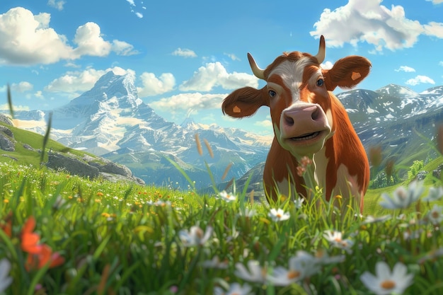 Funny cow on a green meadow looking to a camera with Alps on the background