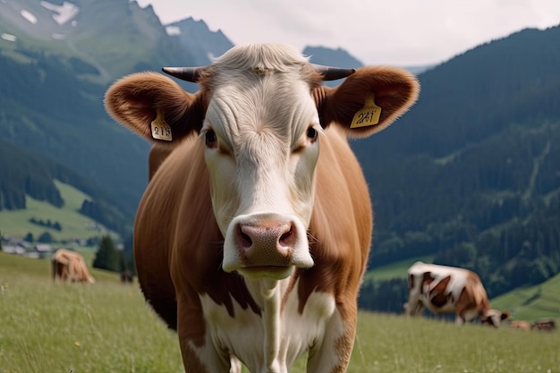 Funny cow on a green meadow looking to a camera with Alps on the background