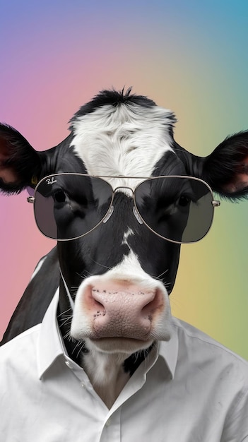 Photo funny cow wearing sunglass on a pastel colorful background