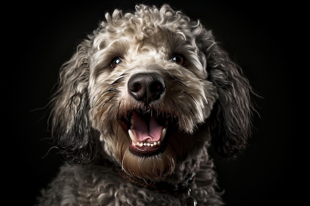 Funny curly fluffy gray dog portrait on a dark background Lagotto Romagnolo pet love generative AI