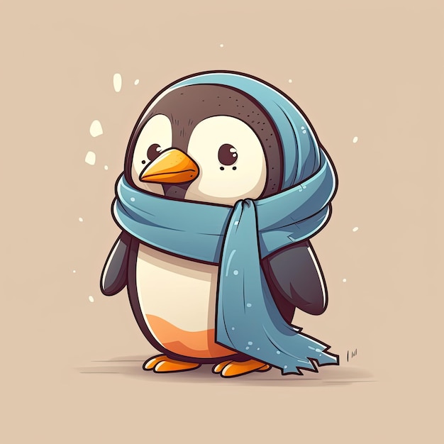 Funny cute baby penguin with scarf on a color background Illustration of a childish character in winter Generative AI