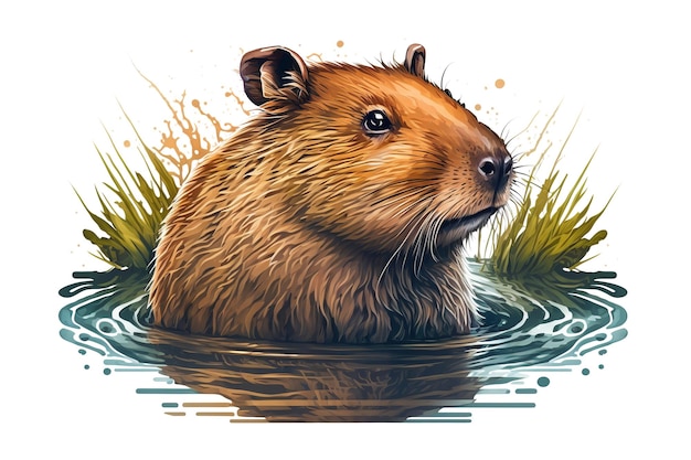 Funny cute capybara swimming in pond and looking away Illustration isolated on white background Generative AI