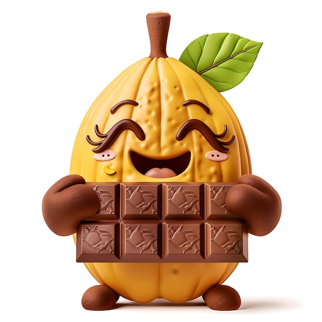 Photo funny cute cocoa fruit with hands and eyes offering chocolate 3d illustration on white background