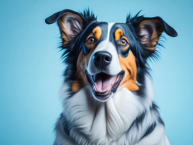 Funny cute collie dog smile on soft blue pastel background ai generative