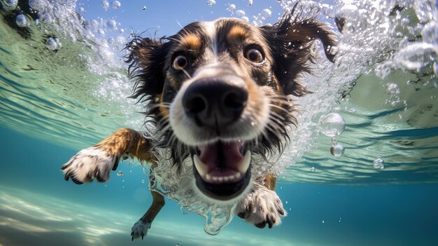 funny cute dog dives in the pool and plays with a ball