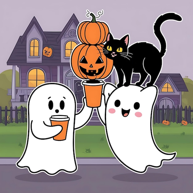 Photo a funny and cute illustration of a ghost and a black cat playing with a coffee cup and a pumpkin th