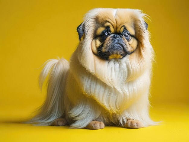 Funny cute Pekingese dog on soft yellow background ai generative