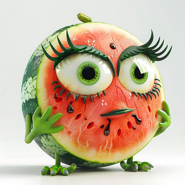 Photo funny cute watermelon with hands and eyes 3d illustration on a white background