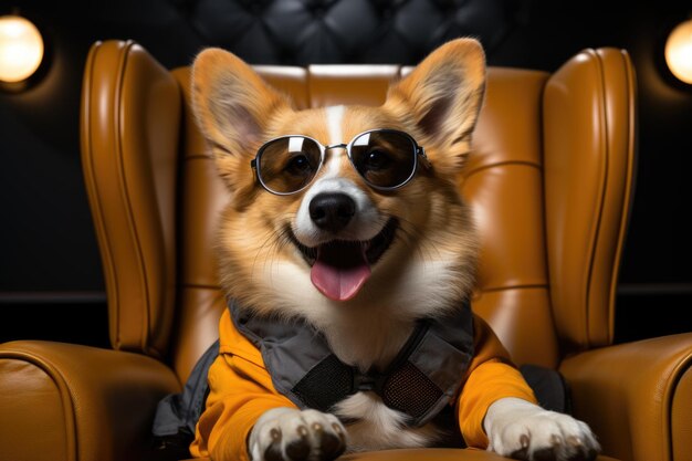 Photo funny and cute welsh corgi pembroke on glasses lying in the real chair in the ye generative ia