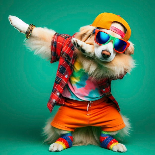 Funny dabbing dog wearing colorful clothes and sunglasses dancing on the green background