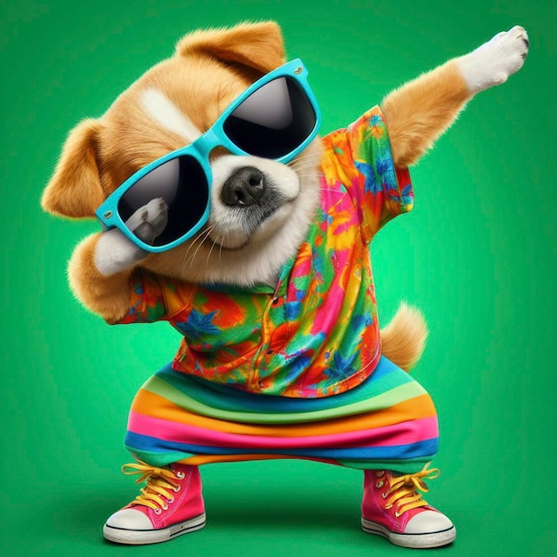 Funny dabbing dog wearing colorful clothes and sunglasses dancing on the green background