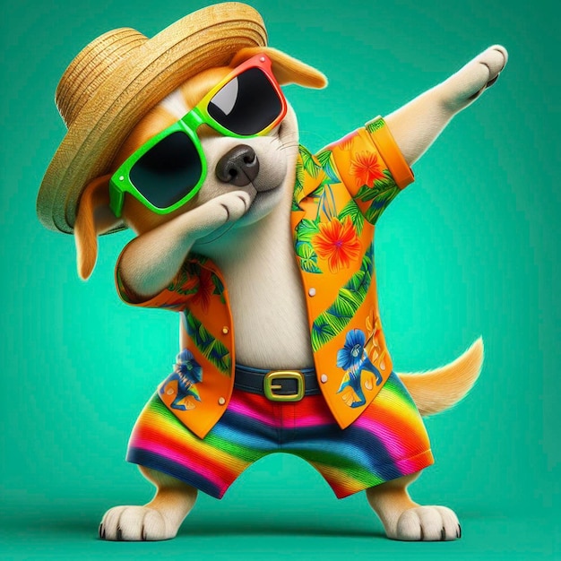 Funny dabbing dog wearing colorful clothes and sunglasses dancing on the green background