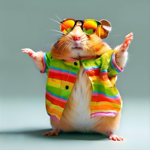 Photo funny dabbing hamster wearing colorful clothes and sunglasses dancing