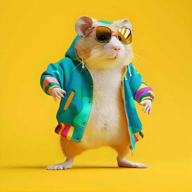 Photo funny dabbing hamster wearing colorful clothes and sunglasses dancing