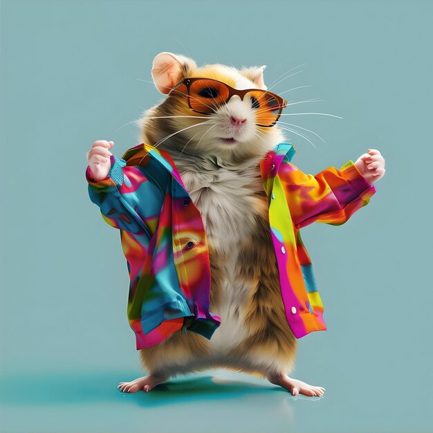 Photo funny dabbing hamster wearing colorful clothes and sunglasses dancing