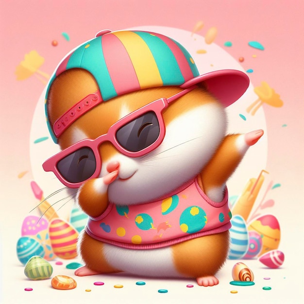 Funny dabbing Hamster wearing colorful clothes and sunglasses dancing