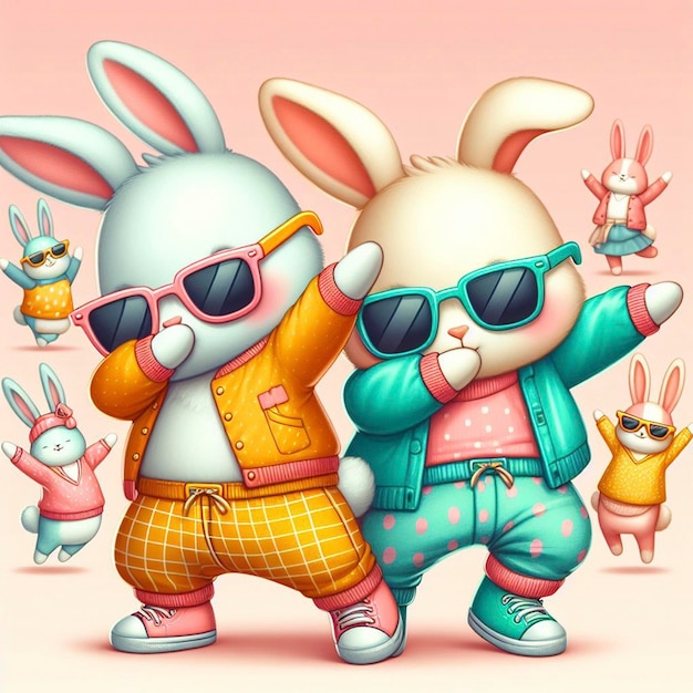 Funny dabbing rabbit wearing colorful clothes and sunglasses dancing on the pastel background