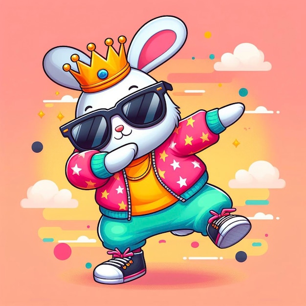 Funny dabbing rabbit wearing colorful clothes and sunglasses dancing on the pastel background