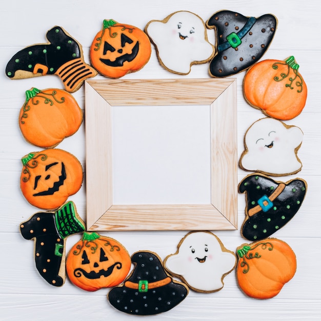 Funny delicious ginger biscuits for Halloween on the table. horizontal view from above