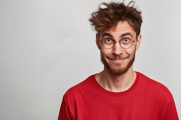 Photo funny digusted young man in round glasses and red tshirt