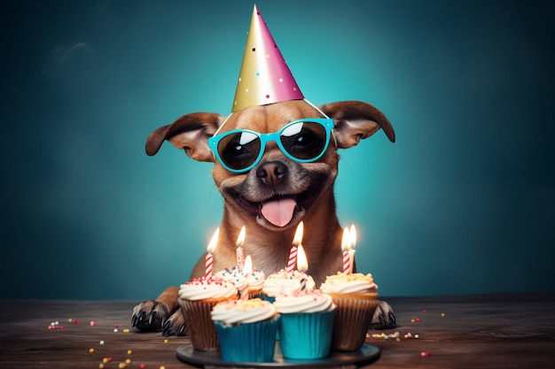 Funny dog and birthday cake by Generative AI