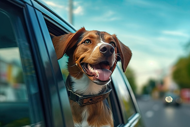 Funny dog in the car window during car travel made with Generative AI Traveling with pets