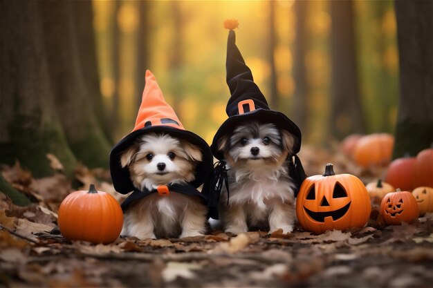 Funny dog decorated with photo props sits near orange pumpkins for Halloween