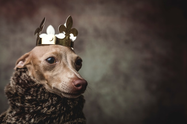 Funny dog dressed as a wizard king. Christmas