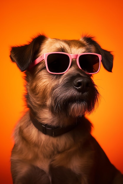 A funny dog dressed sunglasses on the yellow or illuminating background Summer holidays concept