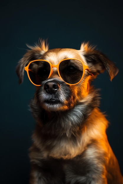 A funny dog dressed sunglasses on the yellow or illuminating background Summer holidays concept