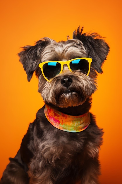 A funny dog dressed sunglasses on the yellow or illuminating background Summer holidays concept