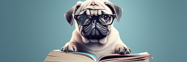 Funny dog in glasses concept banner on the theme of education Cute pug on blue background