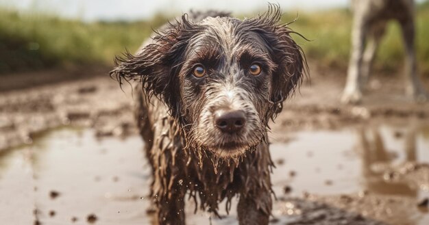 Funny dog playing in mud puddle a beautiful dog with joy jumping in a muddy puddle dirty brown furhappy portrait of a dirty funny dog in nature