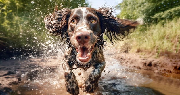 Funny dog playing in mud puddle a beautiful dog with joy jumping in a muddy puddle dirty brown furhappy portrait of a dirty funny dog in nature