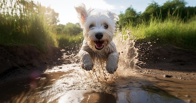 Funny dog playing in mud puddle a beautiful dog with joy jumping in a muddy puddle dirty brown furhappy portrait of a dirty funny dog in nature