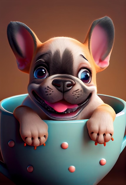 Funny dog puppy French bulldog in a big blue cup cartoon