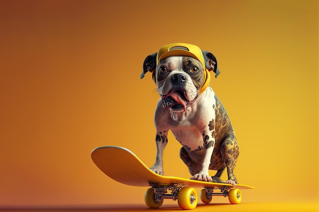 funny DOG ,puppy on skateboard ,isolated on yellow background