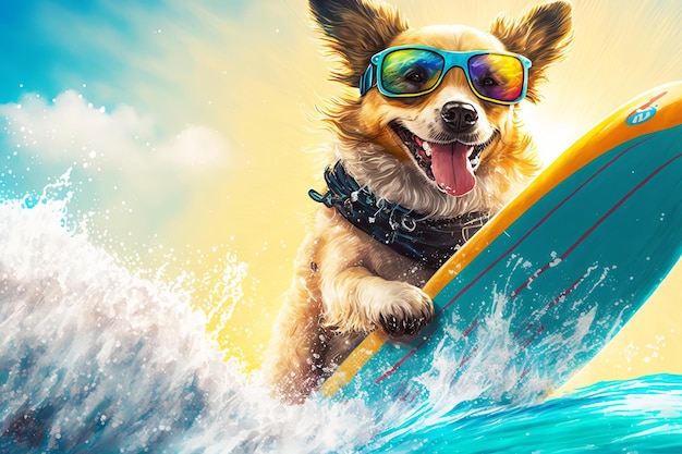 Funny dog in sunglasses rides a surfboard on the ocean waves Summer vacation concept Generative AI illustration