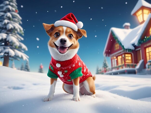 A funny dog wearing Santa outfit smiling in blurred Christmas background