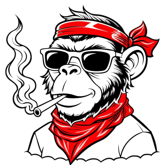 Photo funny drawing of a monkey smoking cigarettes wearing sunglass on white background generative ai